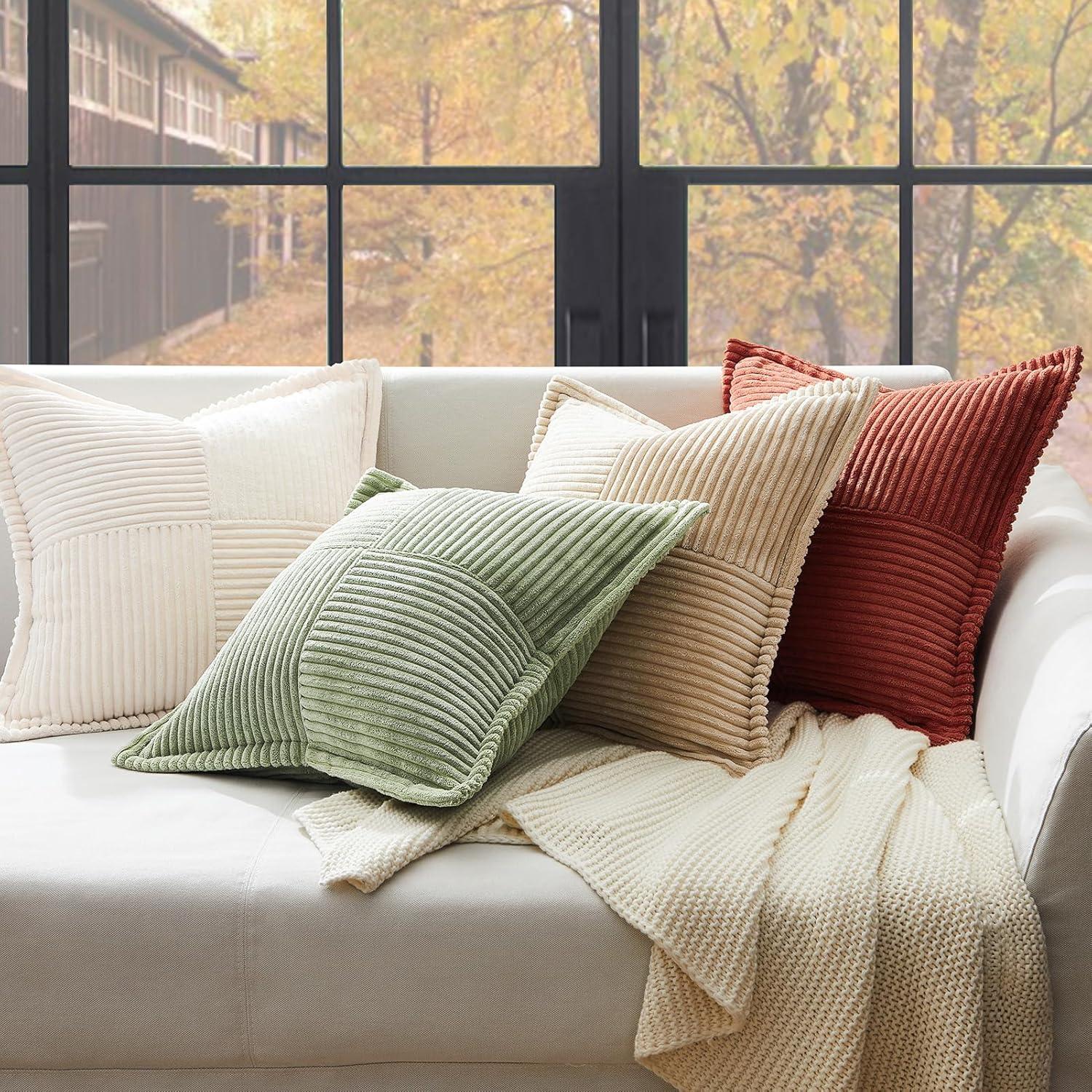 Topfinel 2er Set Kissenbezug 50x50 Grün Kordsamt Geometrisches Muster Sofa Dekokissen