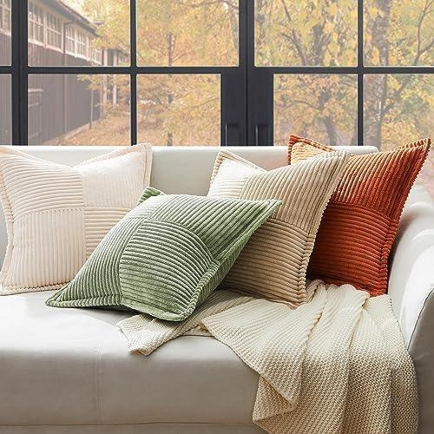 2er Set Kissenbezug 45x45 Creme Kordsamt Geometrisches Muster Sofa Couch Wohnzimmer
