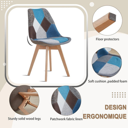 Patchwork Esszimmerstühle Set Blau mit Sitzkissen & Holzbeinen