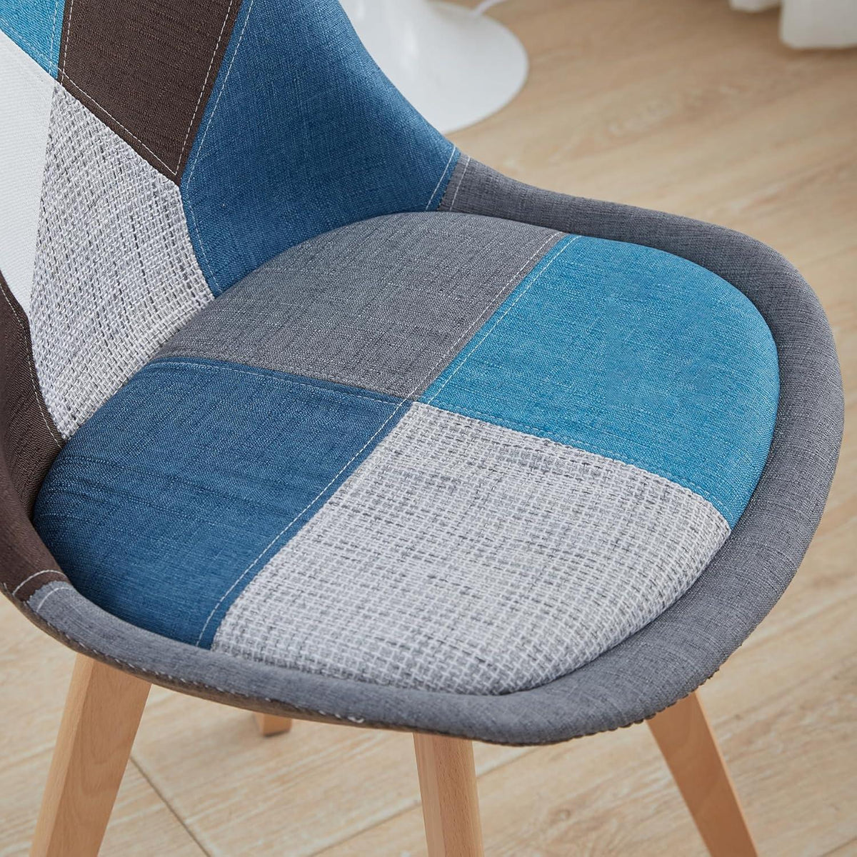 Patchwork Esszimmerstühle Set Blau mit Sitzkissen & Holzbeinen