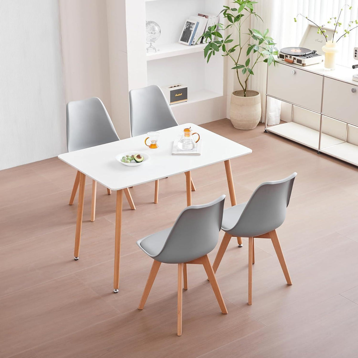 Skandinavische Esszimmerstühle 4er Set Grau, Holz in Lederoptik