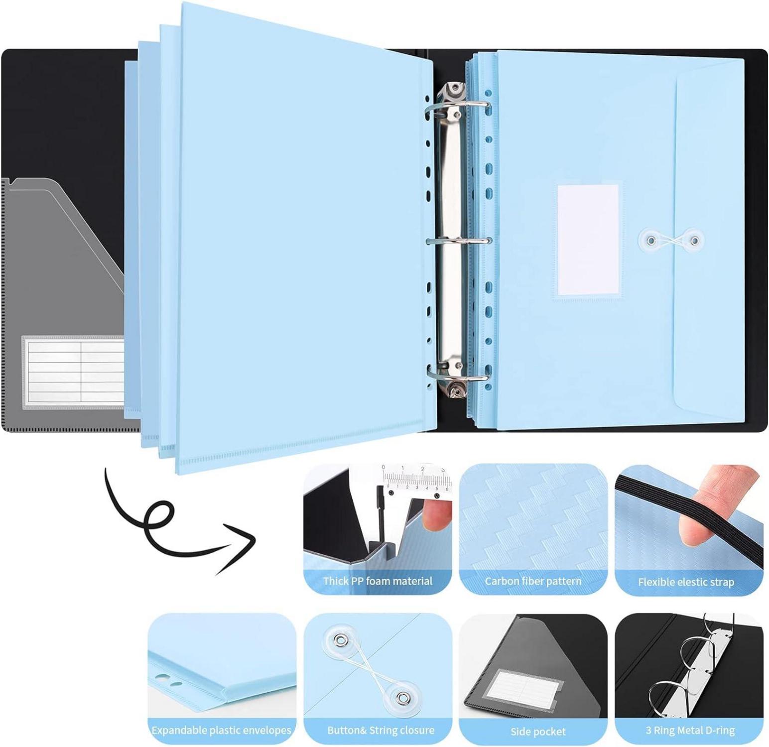A4 3 Ring Binder Ordner mit 10 Dokumententaschen blau