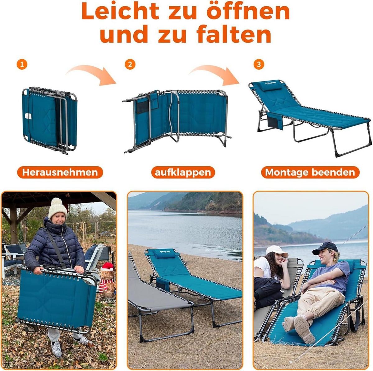 Übergroße Sonnenliege Blau 5-Fach Verstellbar Gartenliege 200x68 cm