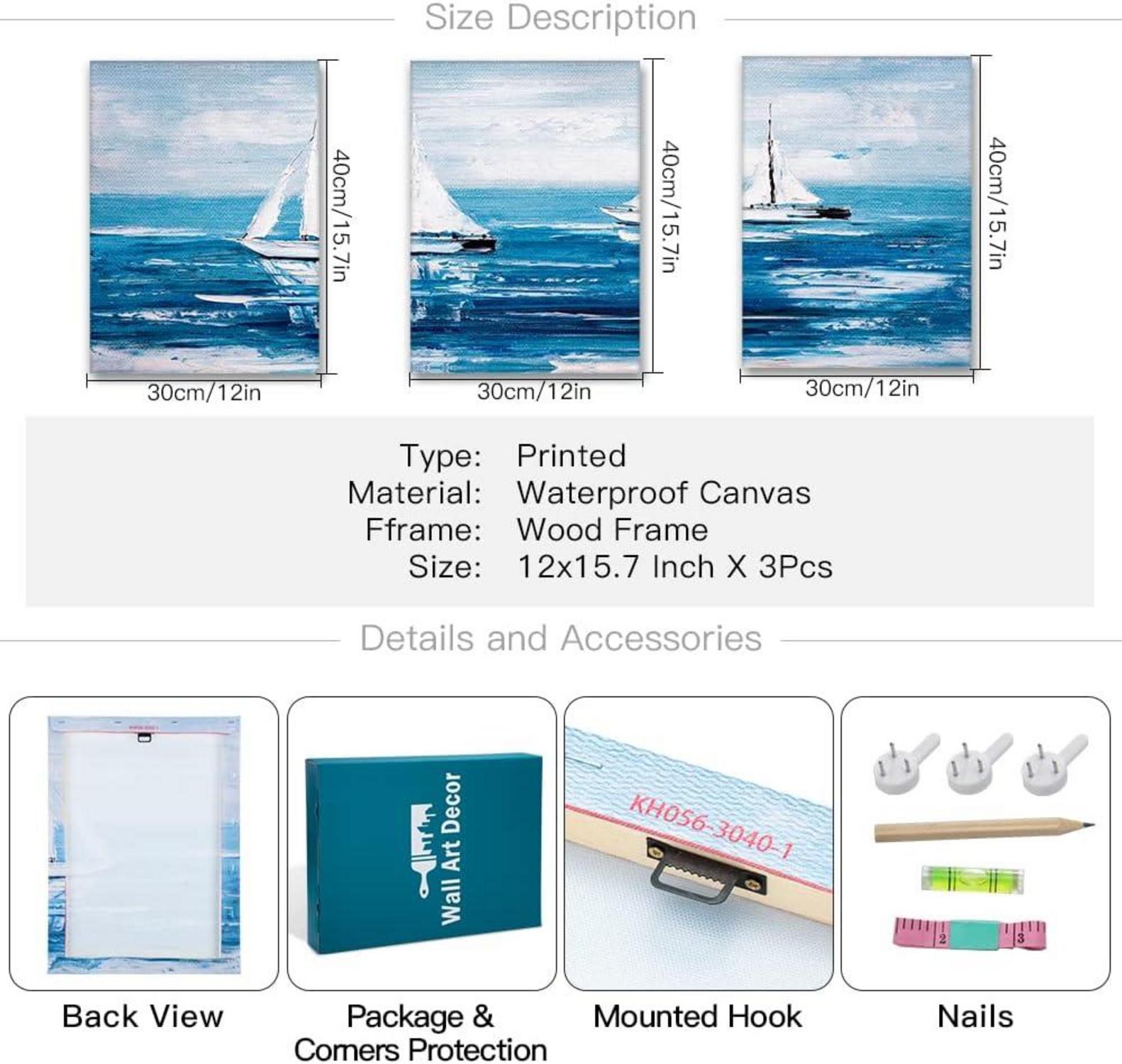 Artscope 3-teiliges Leinwandbilder Blauer Ozean Segelboot 30x40cm