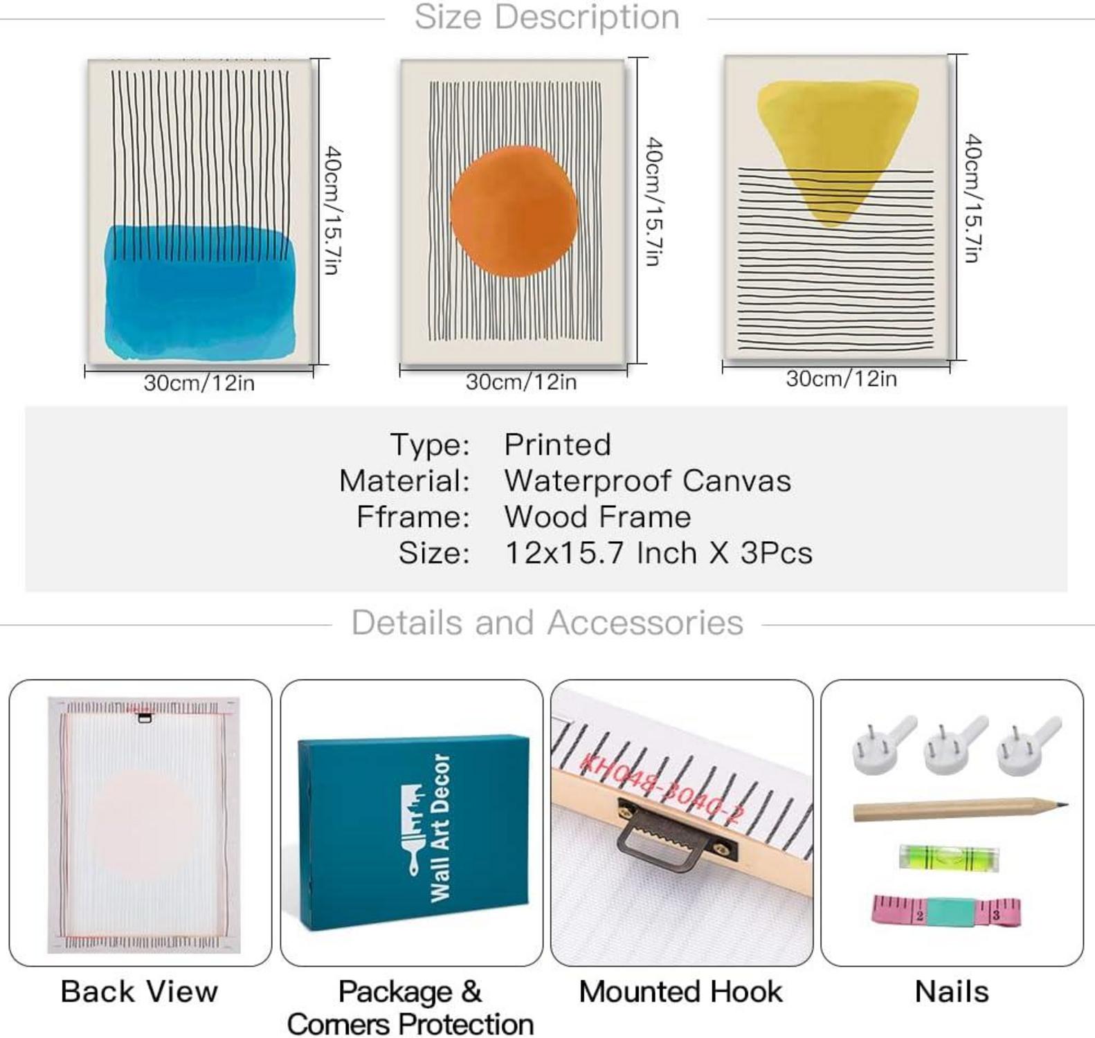 3-teiliges Geometrisches Linie Leinwandbild Set Moderne Wanddeko 30x40cm