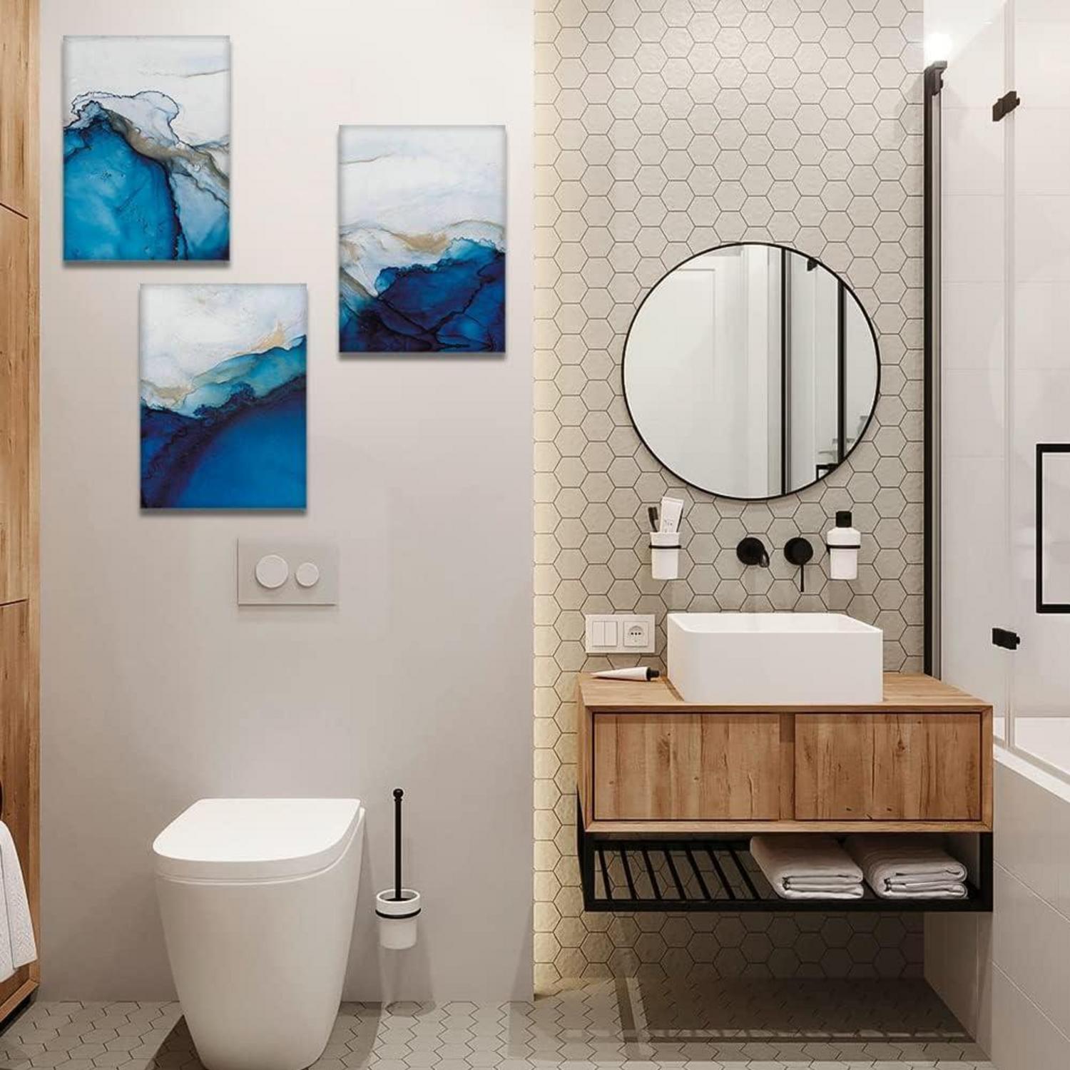 Moderne 3-teilige Abstract Leinwandbilder Blau Weiß Marmor 30x40 cm