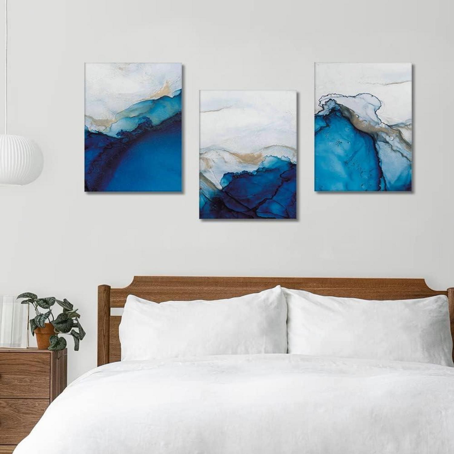 Moderne 3tlg. Abstract Leinwandbilder Marmor Blau Weiß Kunstdruck 30x40 cm