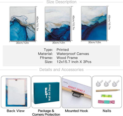 Moderne 3tlg. Abstract Leinwandbilder Marmor Blau Weiß Kunstdruck 30x40 cm