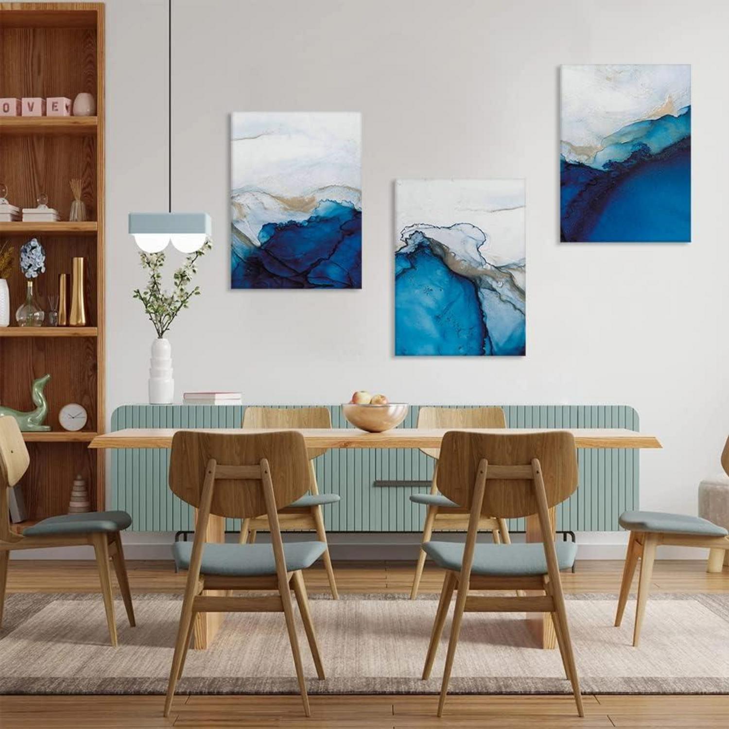 Moderne 3-teilige Abstract Leinwandbilder Blau Weiß Marmor 30x40 cm
