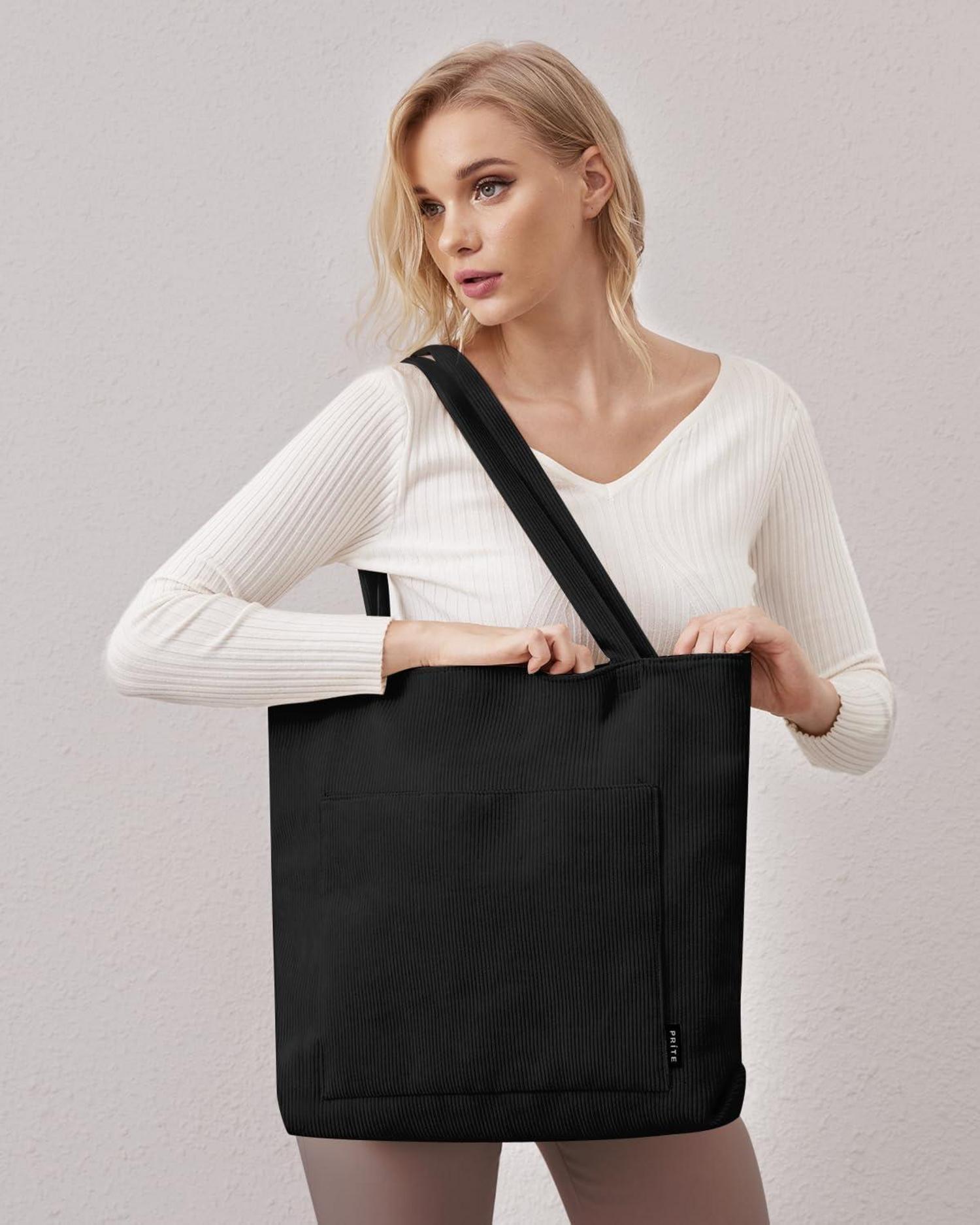 Große Damen Handtasche Tote Bag Shopper Cord Stofftasche Schwarz
