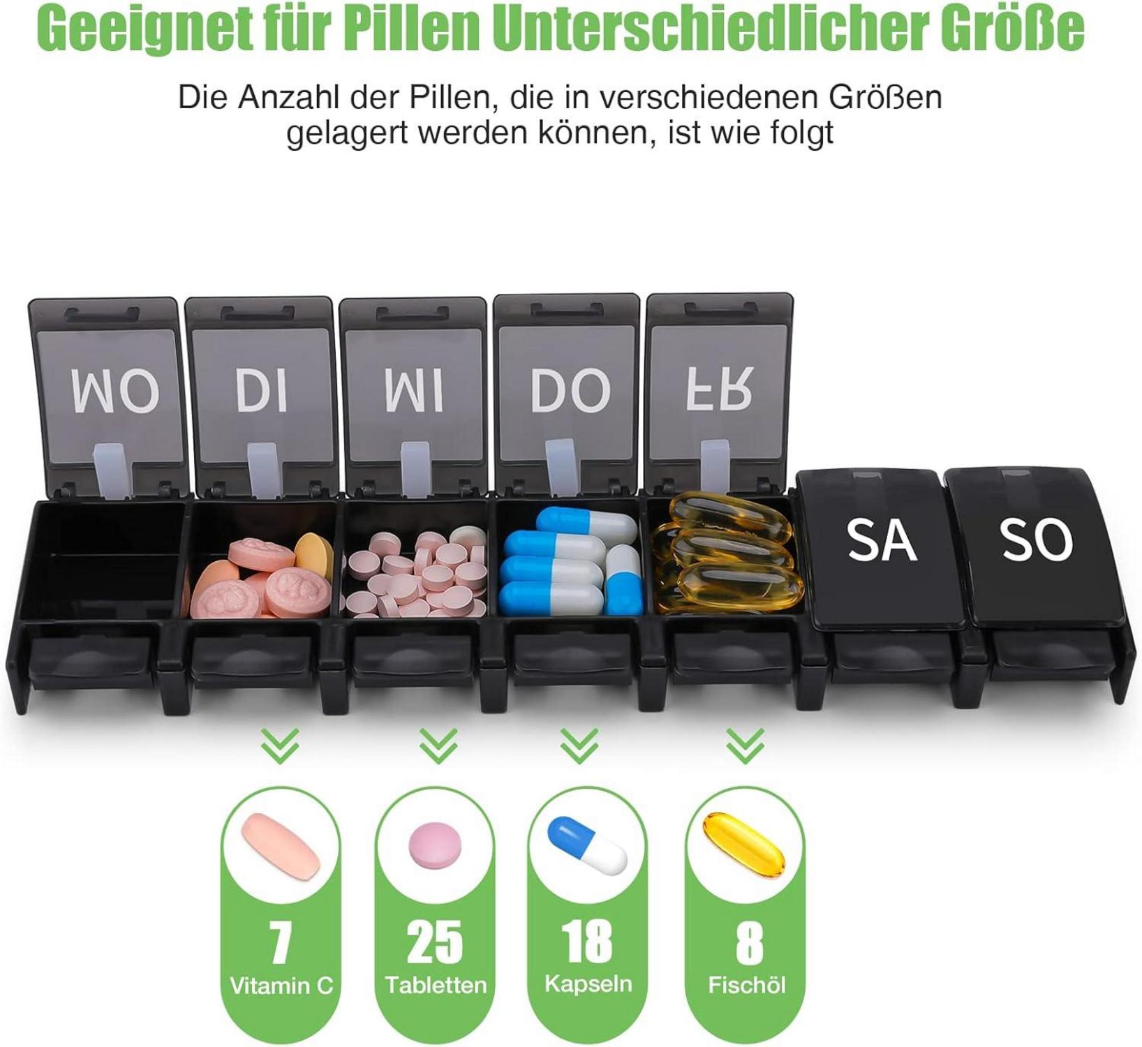 Deutsche 7 Tage Tablettenbox mit Wochenkürzeln, großem Fach für Fischöl und Vitaminen