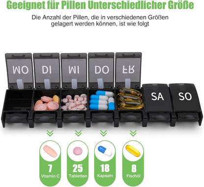 Deutsche 7 Tage Tablettenbox mit Wochenkürzeln, großem Fach für Fischöl und Vitaminen