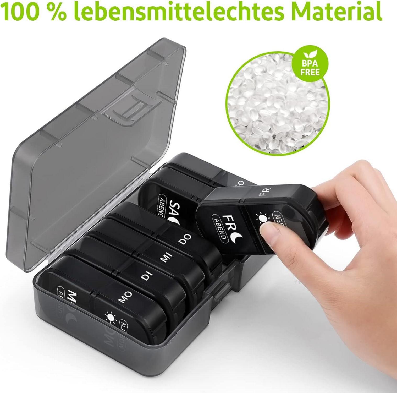 Tablettenbox mit 2 Fächern, BPA-frei, klare Beschriftung, feuchtigkeitsgeschützt