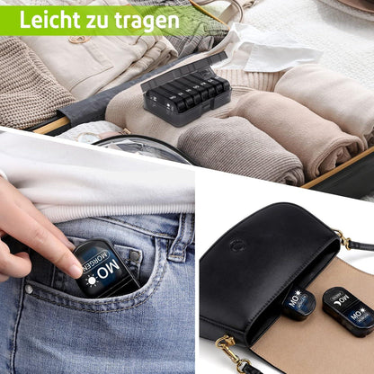 Tablettenbox mit 2 Fächern, BPA-frei, klare Beschriftung, feuchtigkeitsgeschützt