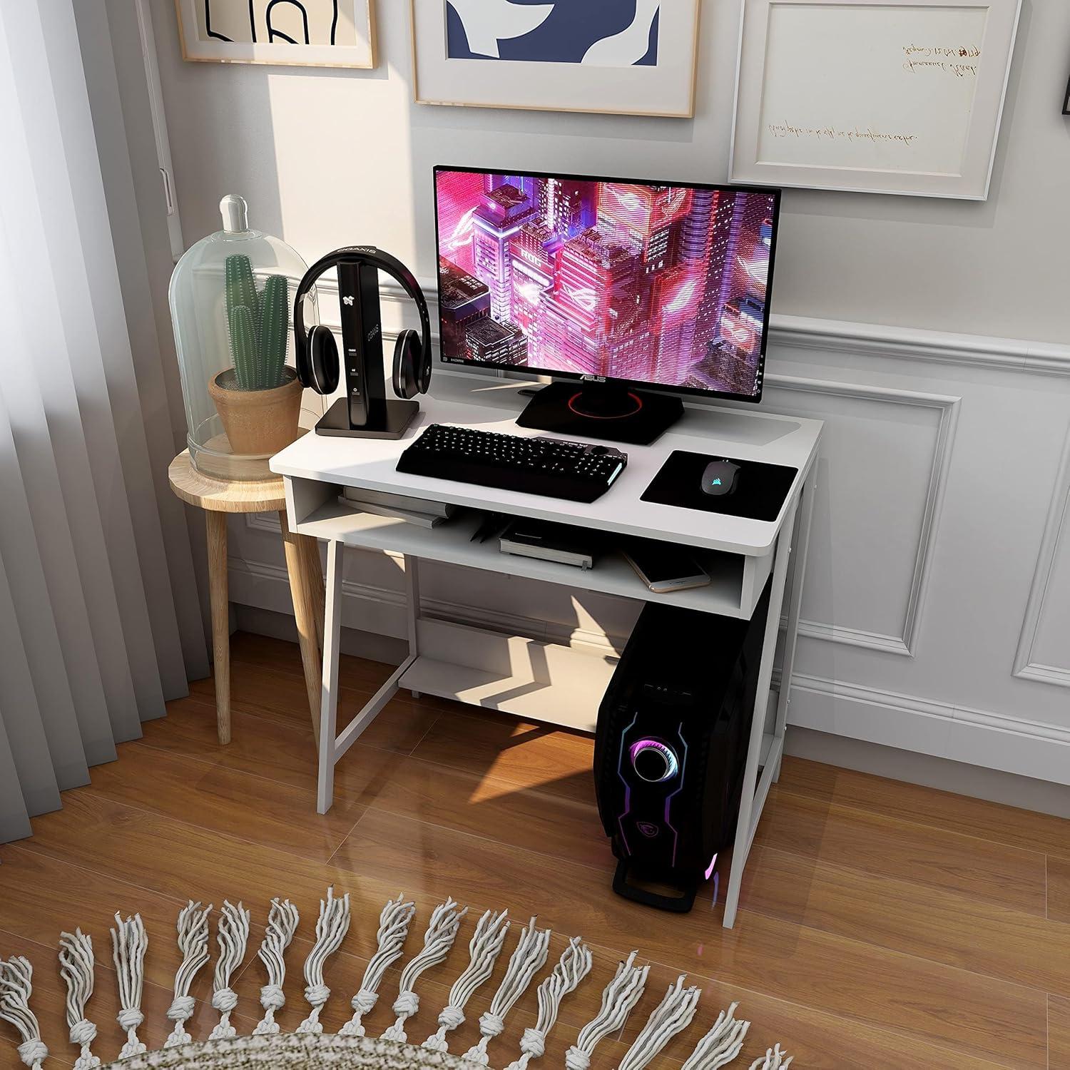 Kleiner Computertisch 80 cm Weiß Holz Metall Gaming Stauraum