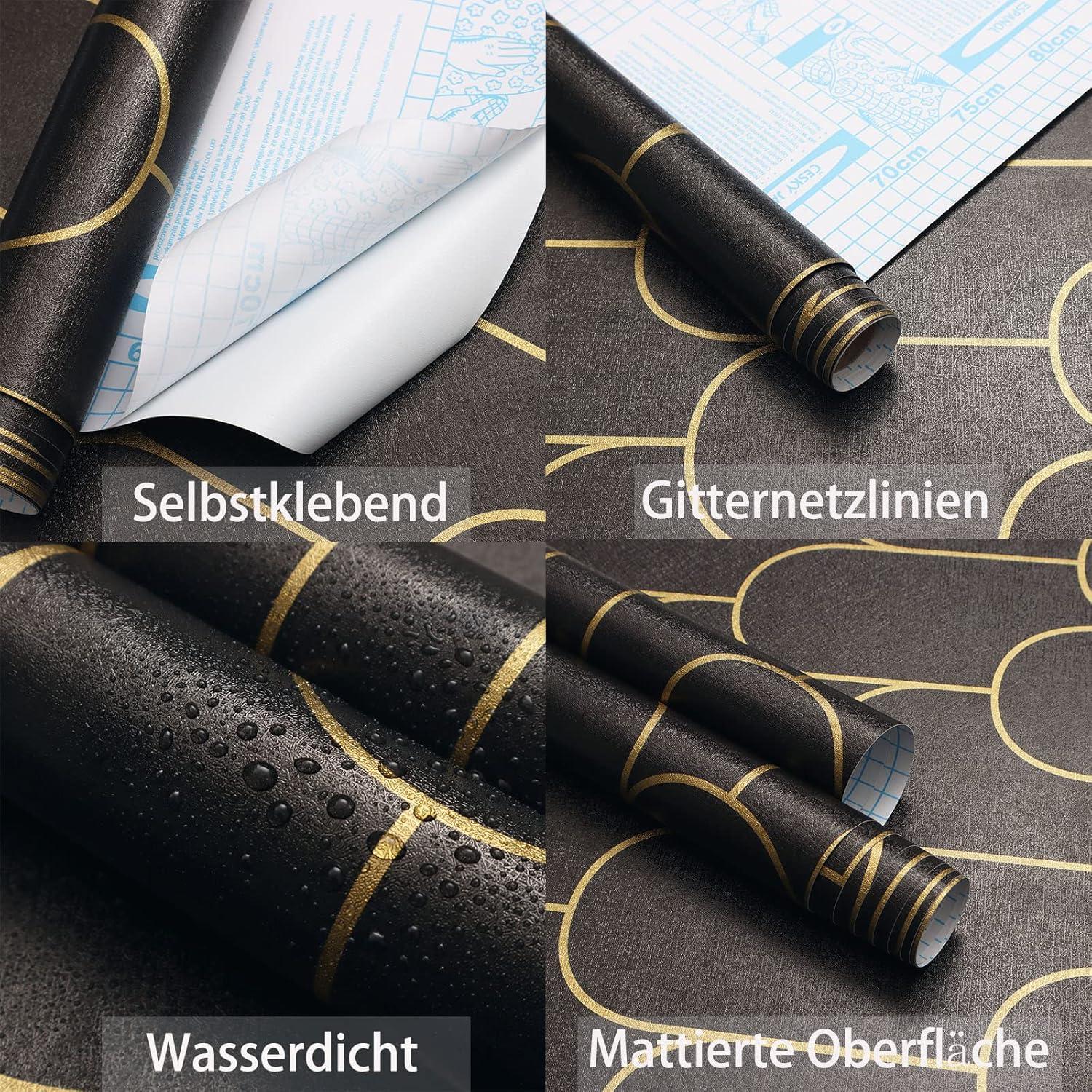 Selbstklebende Geometrische Tapete Schwarz Gold 44×1000cm