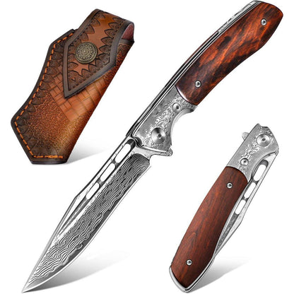 Damast Klappmesser mit Holzgriff – Outdoor Messer für Survival