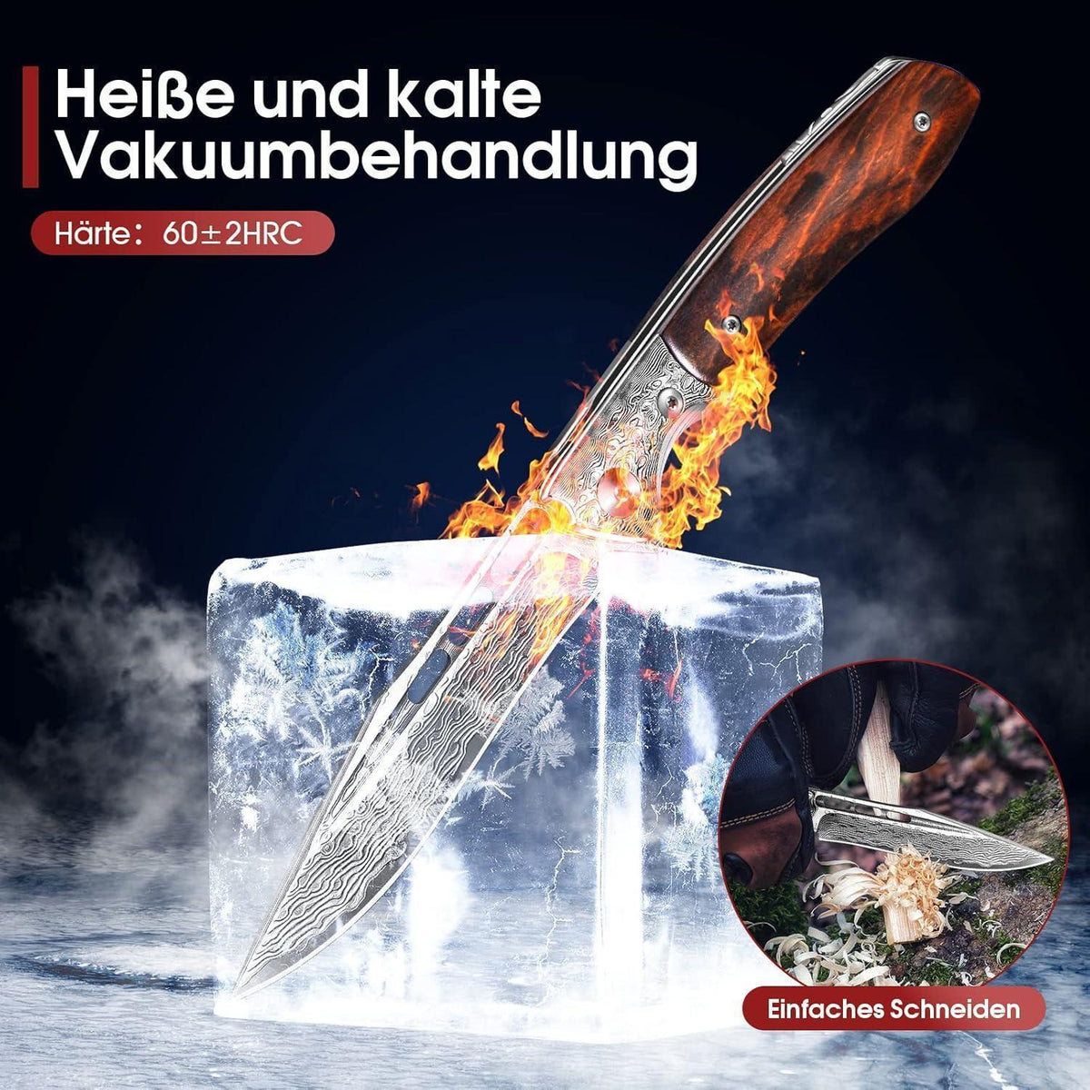 Damast Klappmesser mit Holzgriff – Outdoor Messer für Survival