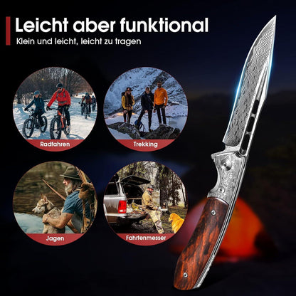 Damast Klappmesser mit Holzgriff – Outdoor Messer für Survival