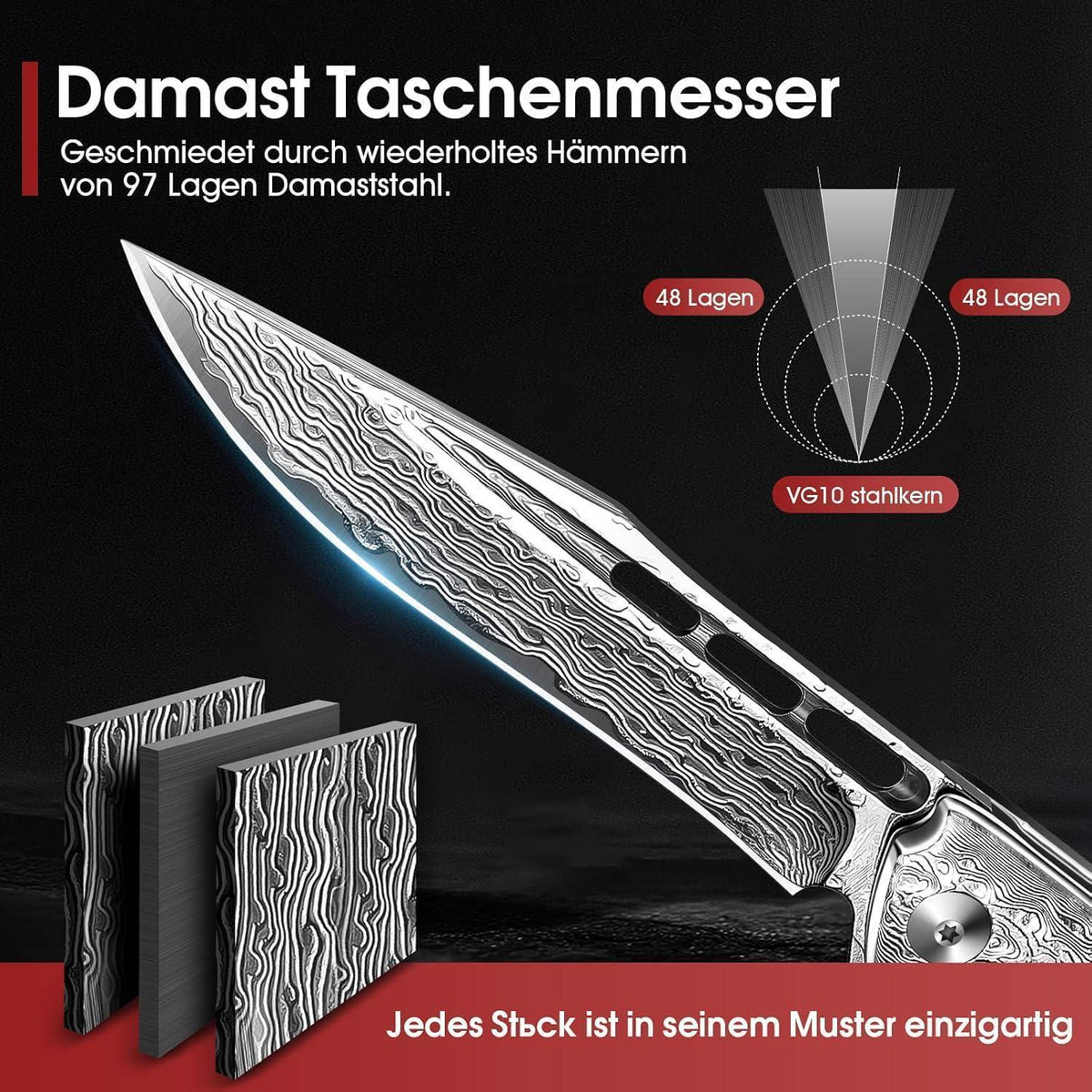 Damast Klappmesser mit Holzgriff – Outdoor Messer für Survival