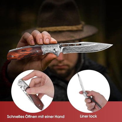 Damast Klappmesser mit Holzgriff – Outdoor Messer für Survival