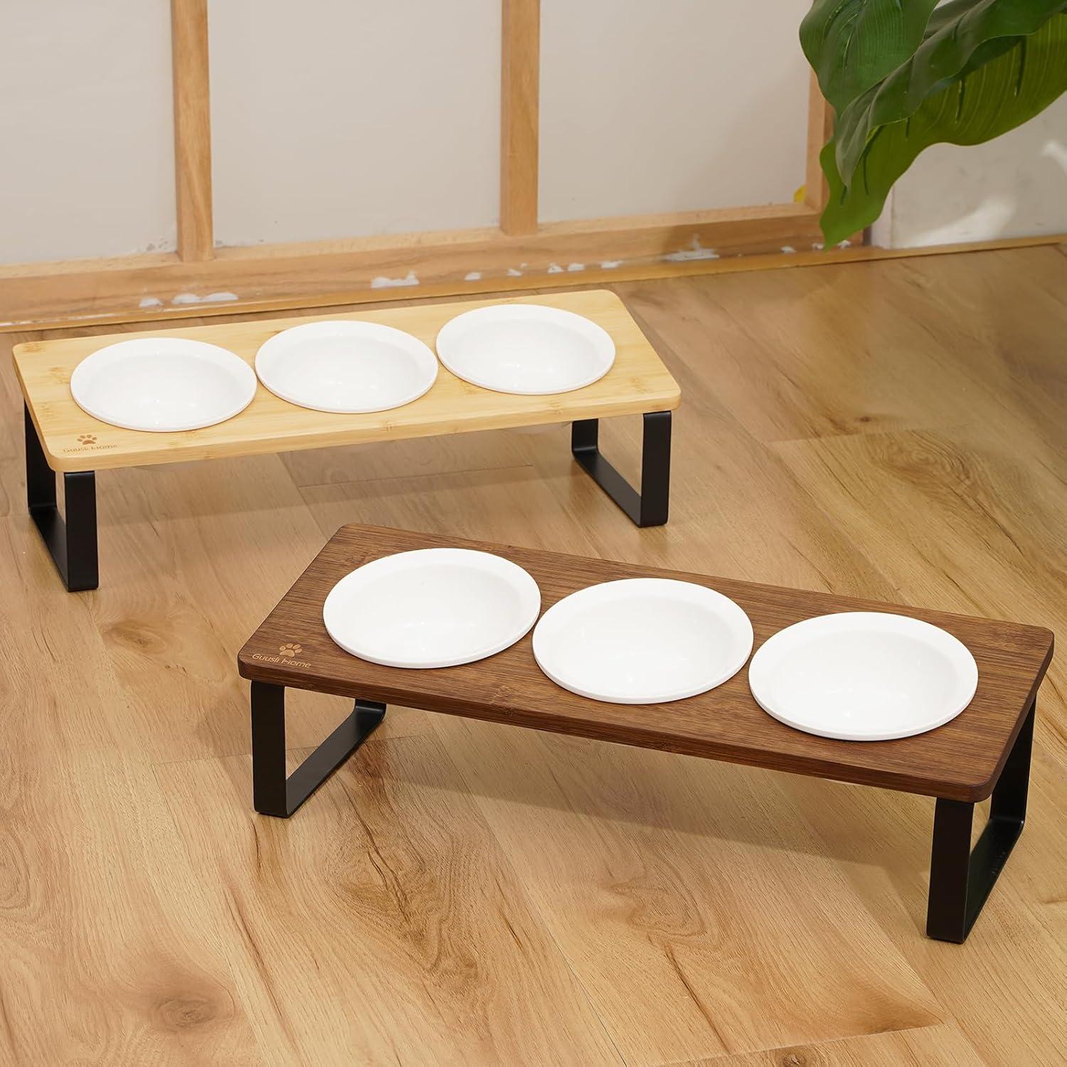 Katzen Napf Set Erhöht Keramik Holz Futterstation 3-teilig Ø12cm