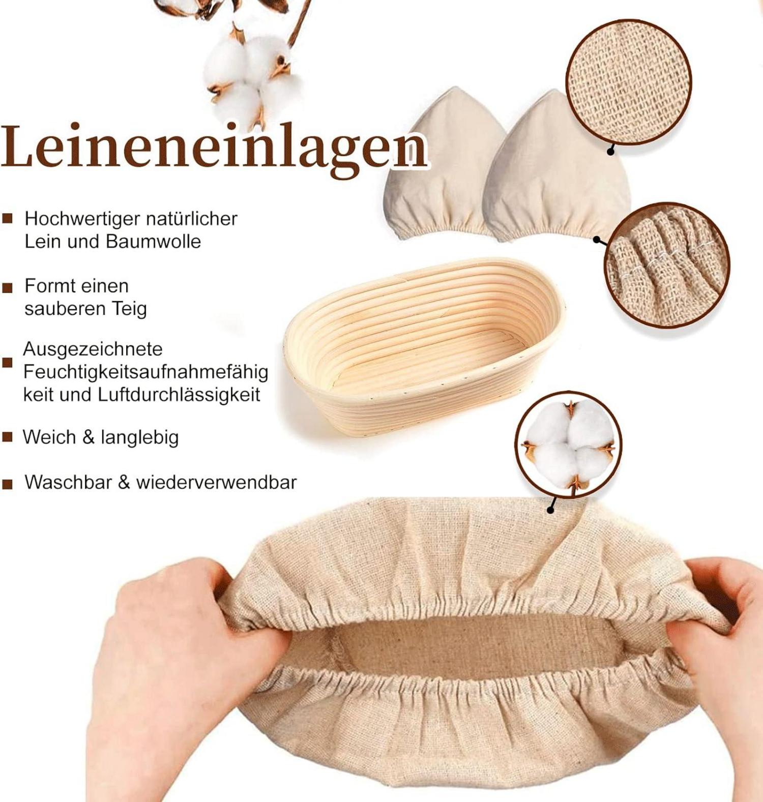Rattan Brot Gärkorb Set 23cm & 25cm rund inkl. Zubehör und Leinentücher