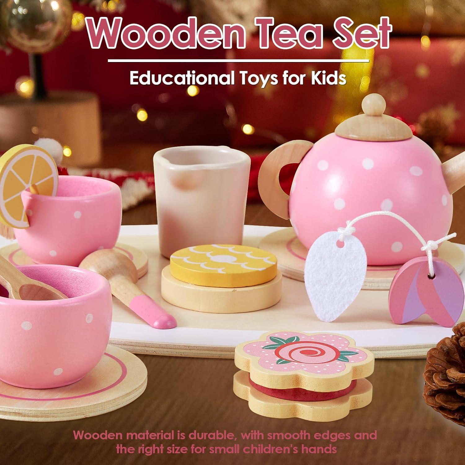 AOLEVA Teeservice Kinder Holz Teeset Rollenspiele Geschenk Mädchen Jungen