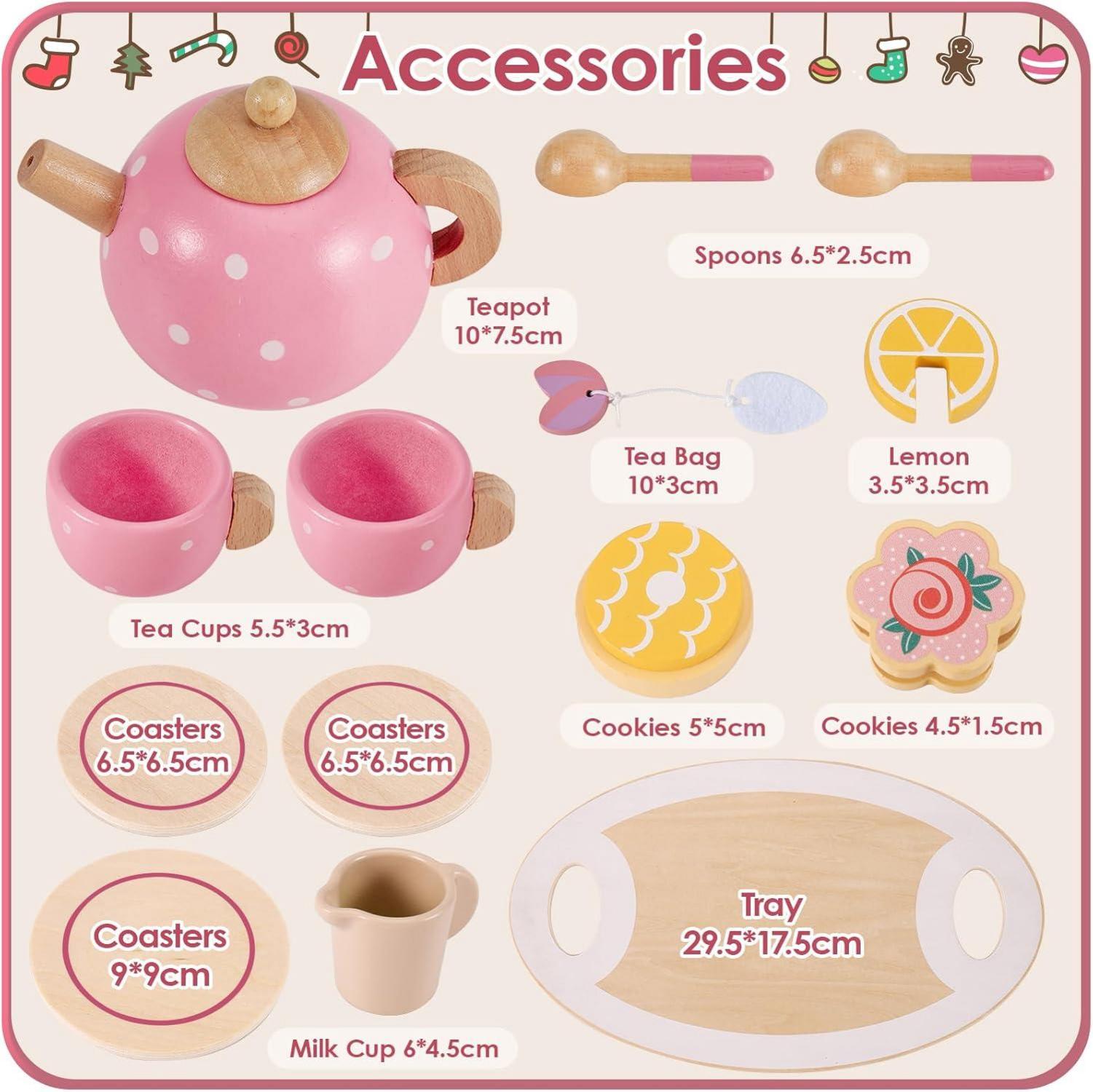 Holz Teeservice Kinder Spielküche Zubehör Tee Set Teeparty Rosa