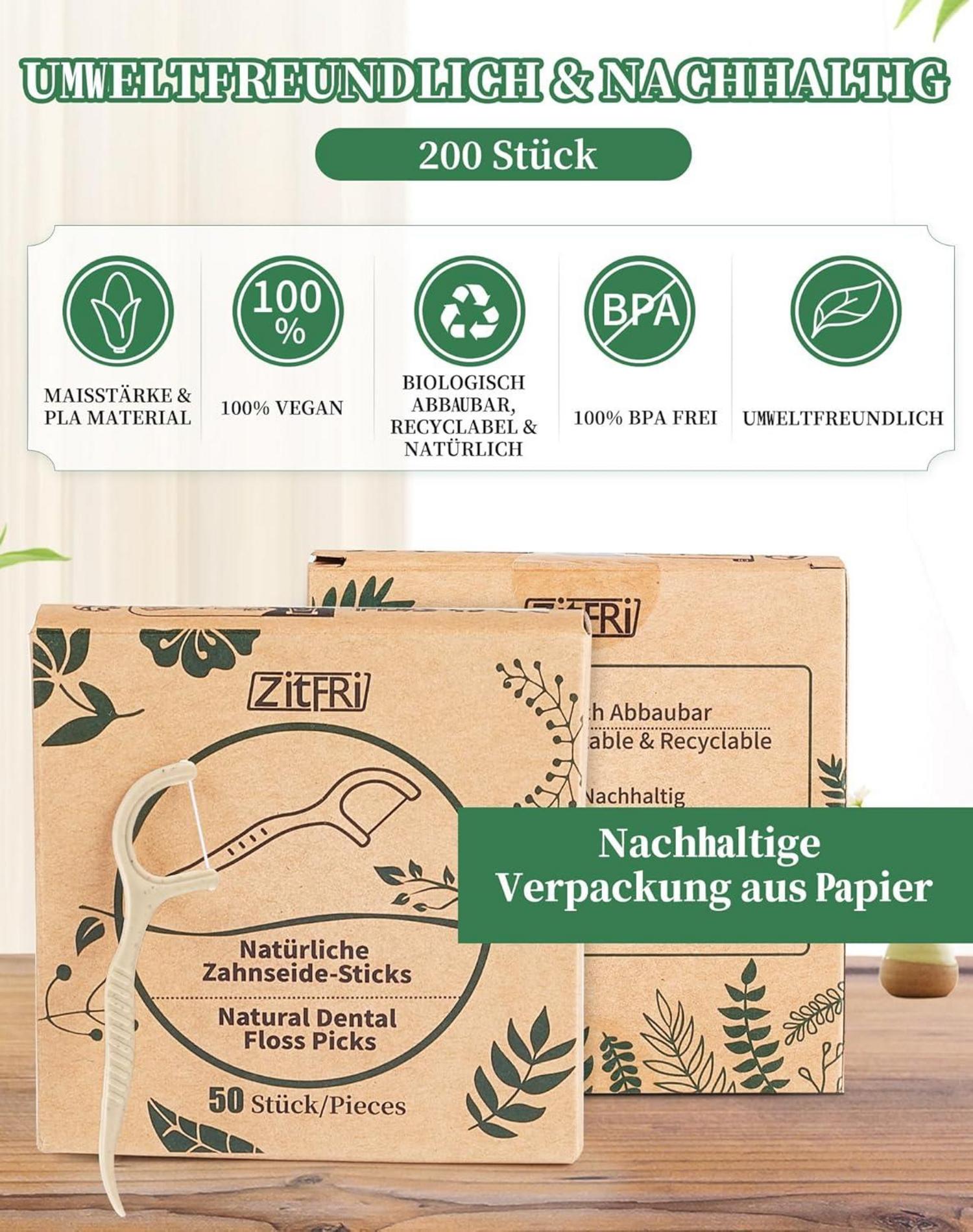 200 Stk. Zahnseide Sticks - Nachhaltige Dental Floss picks - Vegan & reißfest - Plastikfrei & natur - Zahnhygiene