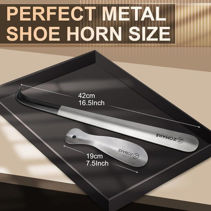 ZOMAKE Schuhlöffel Metall 2er Set 42cm Shoe Horn Gummihülse 19cm Wandhalterung Silber