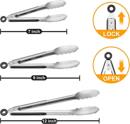 HOTEC Edelstahl-Küchenzangen Set 7,6–17,8cm 22,9cm 30,5cm 3er-Set Silber