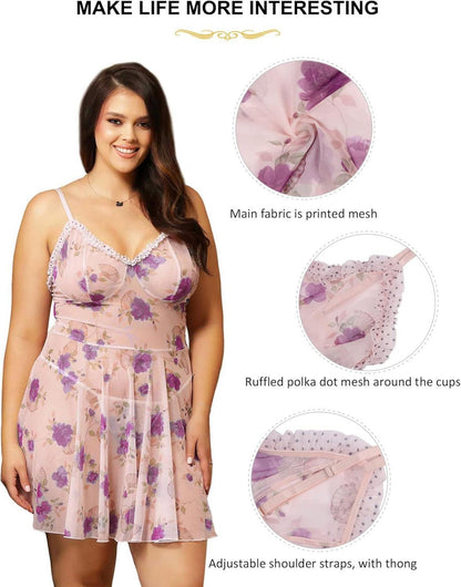 oheahlady Negligee Damen Große Größen Reizwäsche Violett M-L