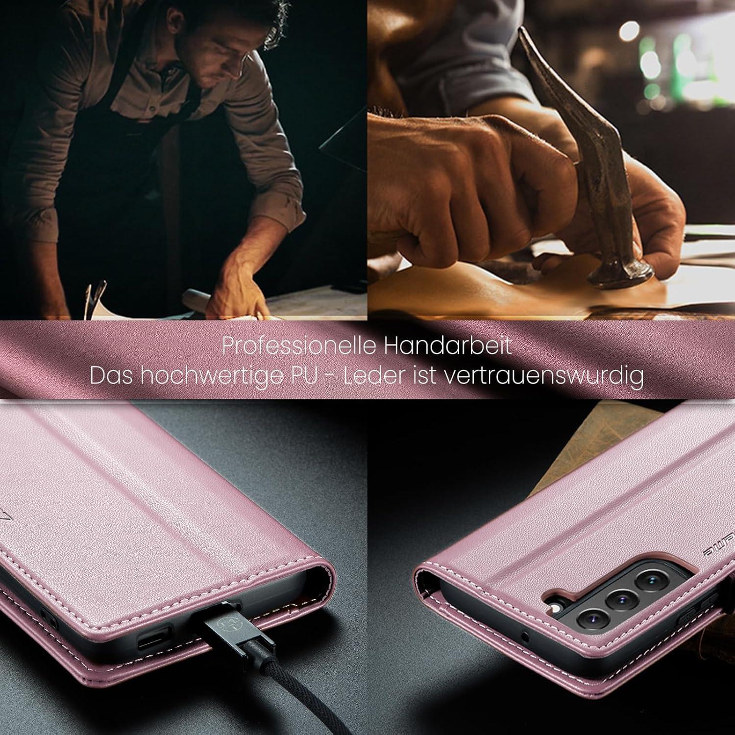Leder Handyhülle Samsung Galaxy S22 5G Flip Case RFID 6,1 Zoll Rosa Gold