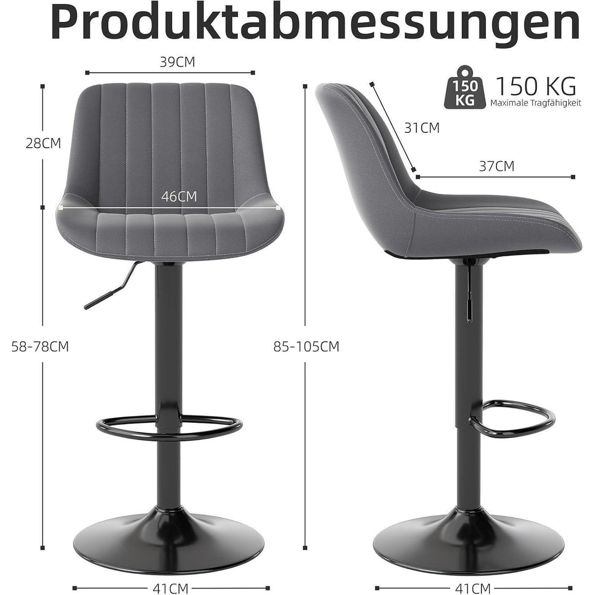 Drehbarer Barhocker 2er Set, Höhenverstellbar, Dunkelgrau