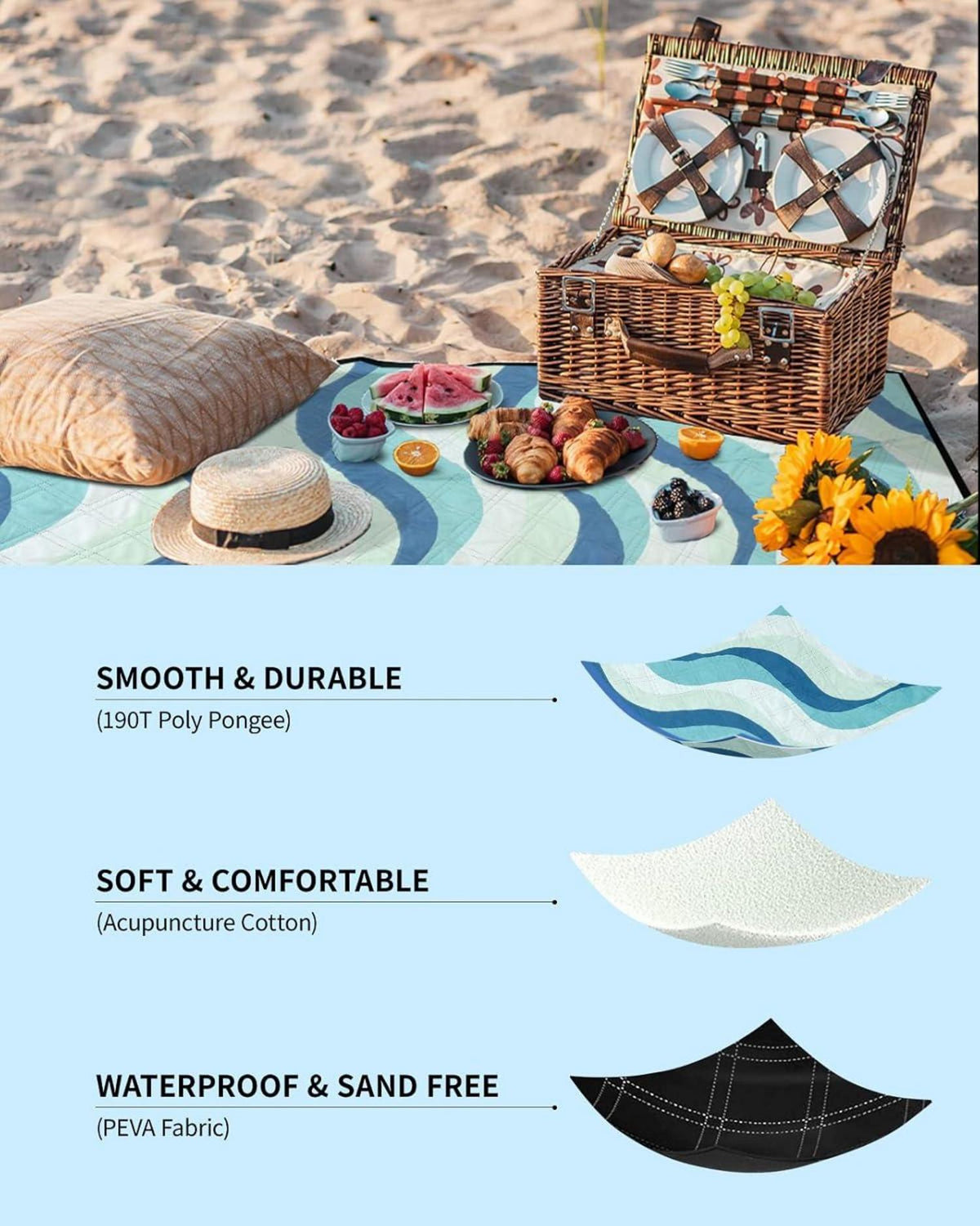 Picknickdecke COVACURE 200x200 cm Wasserdicht Strandmatte