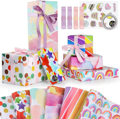 Geschenkpapier-Set mit Bändern und Aufklebern, Craftpapier 6 Blatt