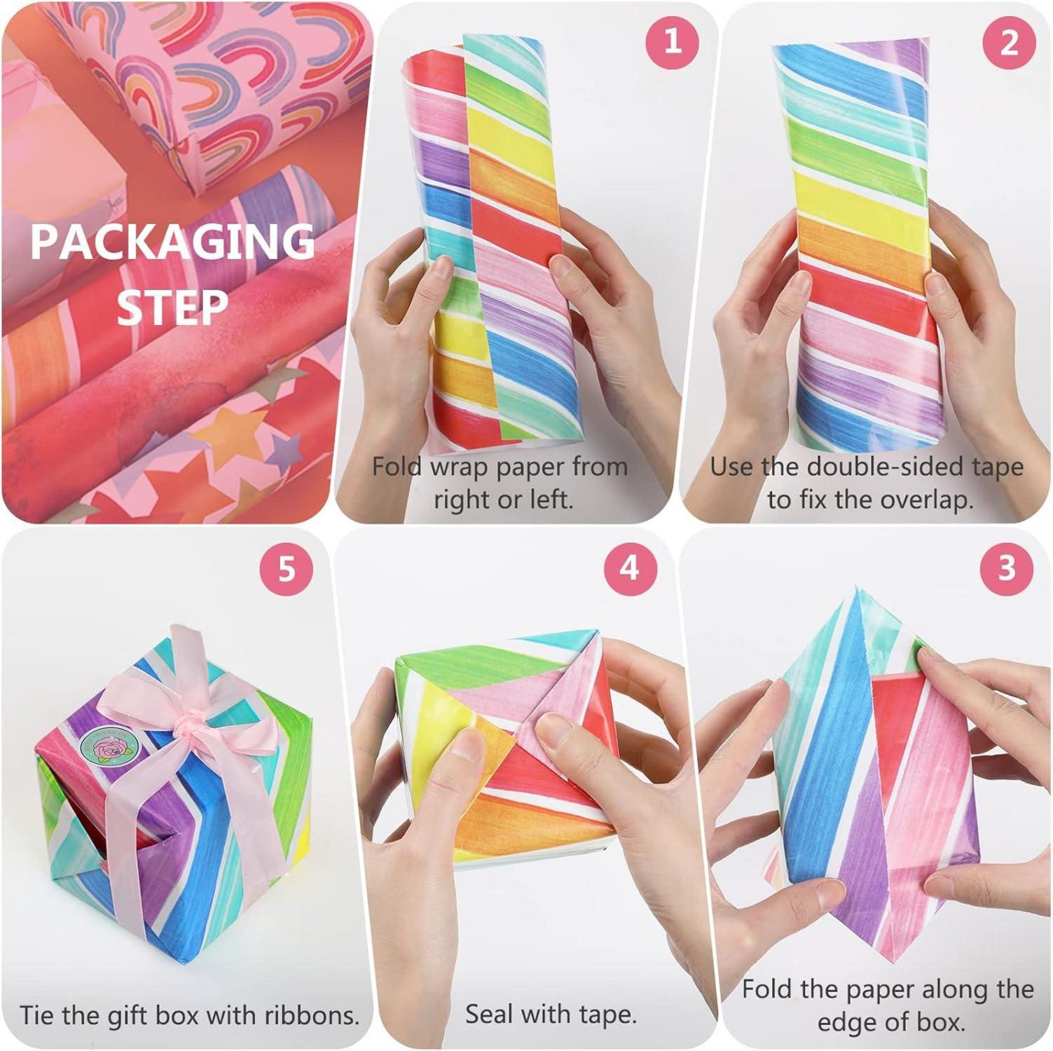 Geschenkpapier Set 6 Blatt Bunt mit Bändern und Aufkleber 70x50cm
