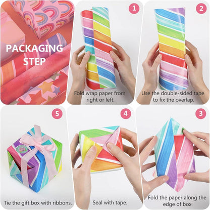 Geschenkpapier Set 6 Blatt Bunt mit Bändern und Aufkleber 70x50cm