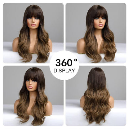 Ombre Braun Perücke Gewellt Pony Synthetisch Haar Hitzebeständig 100% Kanekalon