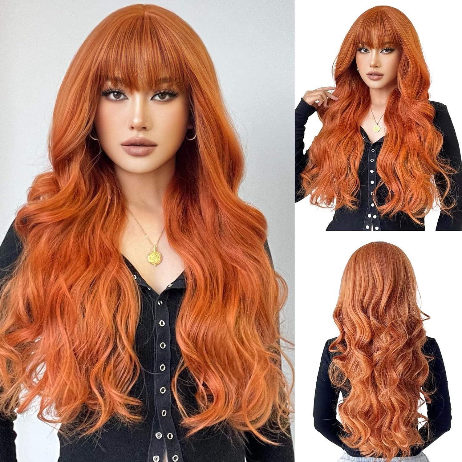 Langgewellte Orange Synthetische Perücke mit Pony für Frauen Halloween