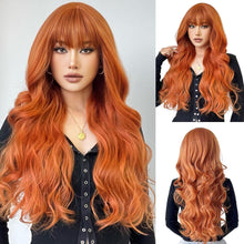 Langgewellte Orange Synthetische Perücke mit Pony für Frauen Halloween