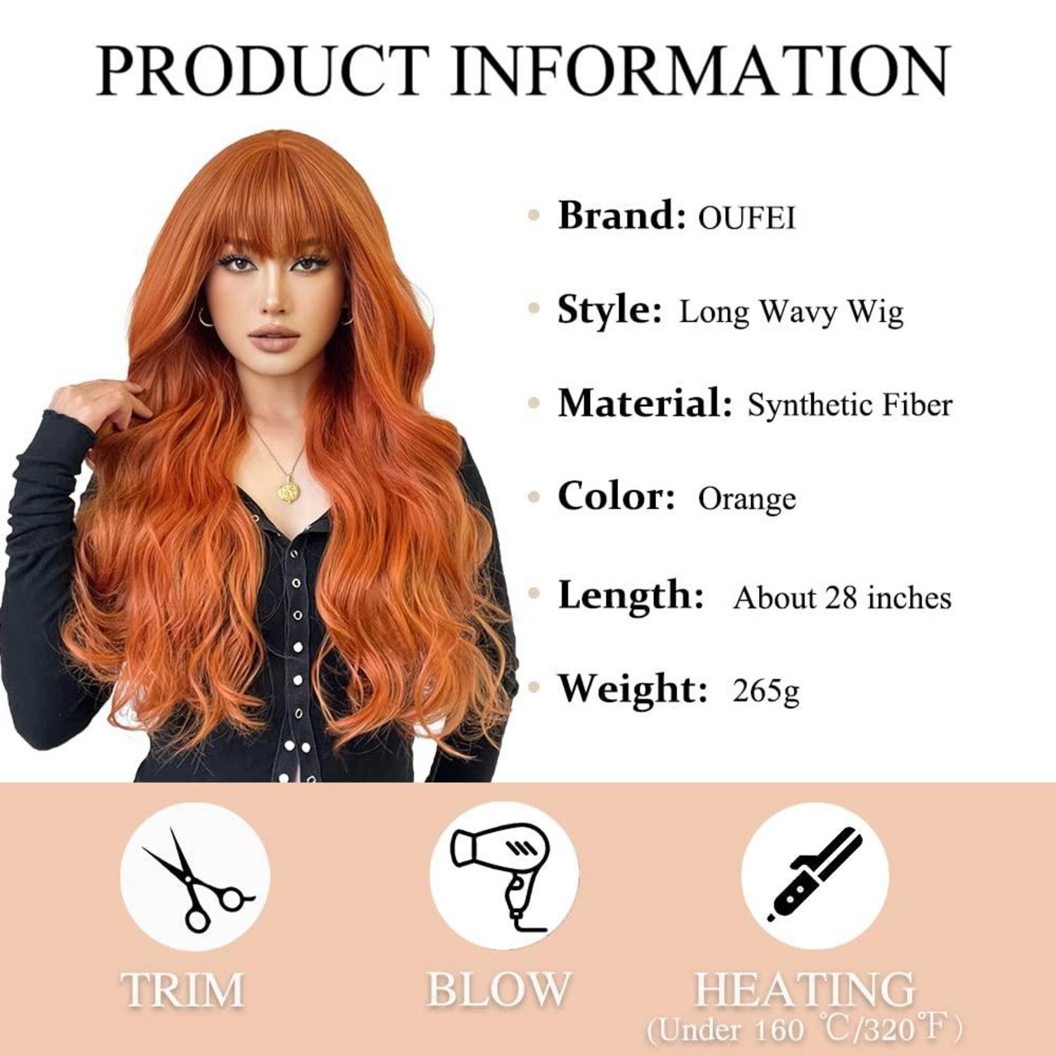 Lang Gewellt Orange Synthetische Perücke mit Pony für Frauen