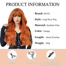 Lang Gewellt Orange Synthetische Perücke mit Pony für Frauen