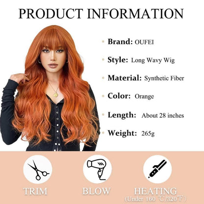Lang Gewellt Orange Synthetische Perücke mit Pony für Frauen