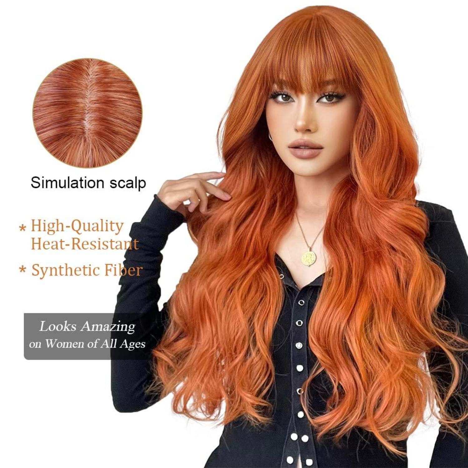 Langgewellte Orange Synthetische Perücke mit Pony für Frauen Halloween