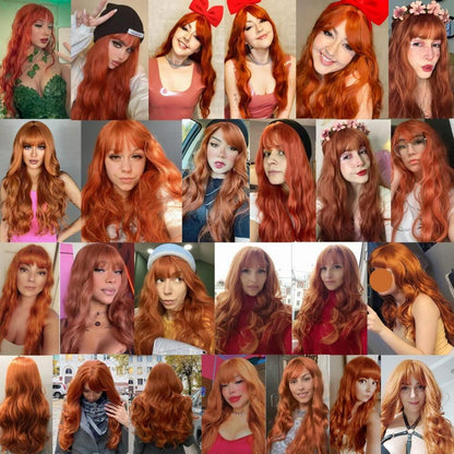 Lang Gewellt Orange Perücken mit Pony Naturhaar für Frauen