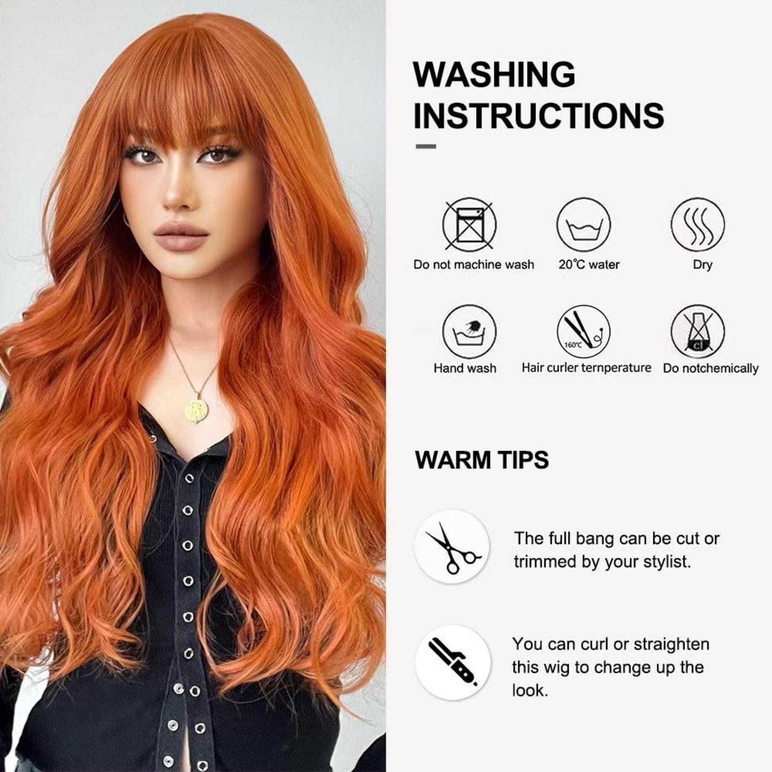 Orange Lang Gewellt Synthetische Perücke Frauen Hitzebeständig Halloween Cosplay