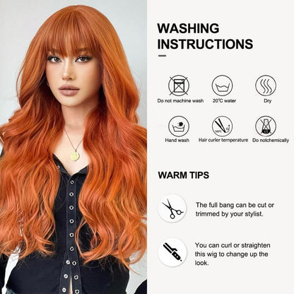 Orange Lang Gewellt Synthetische Perücke Frauen Hitzebeständig Halloween Cosplay