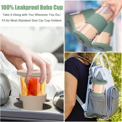 2er Set Bubble Tea Becher mit Deckel und Strohhalm 24oz Grün+Kaffee